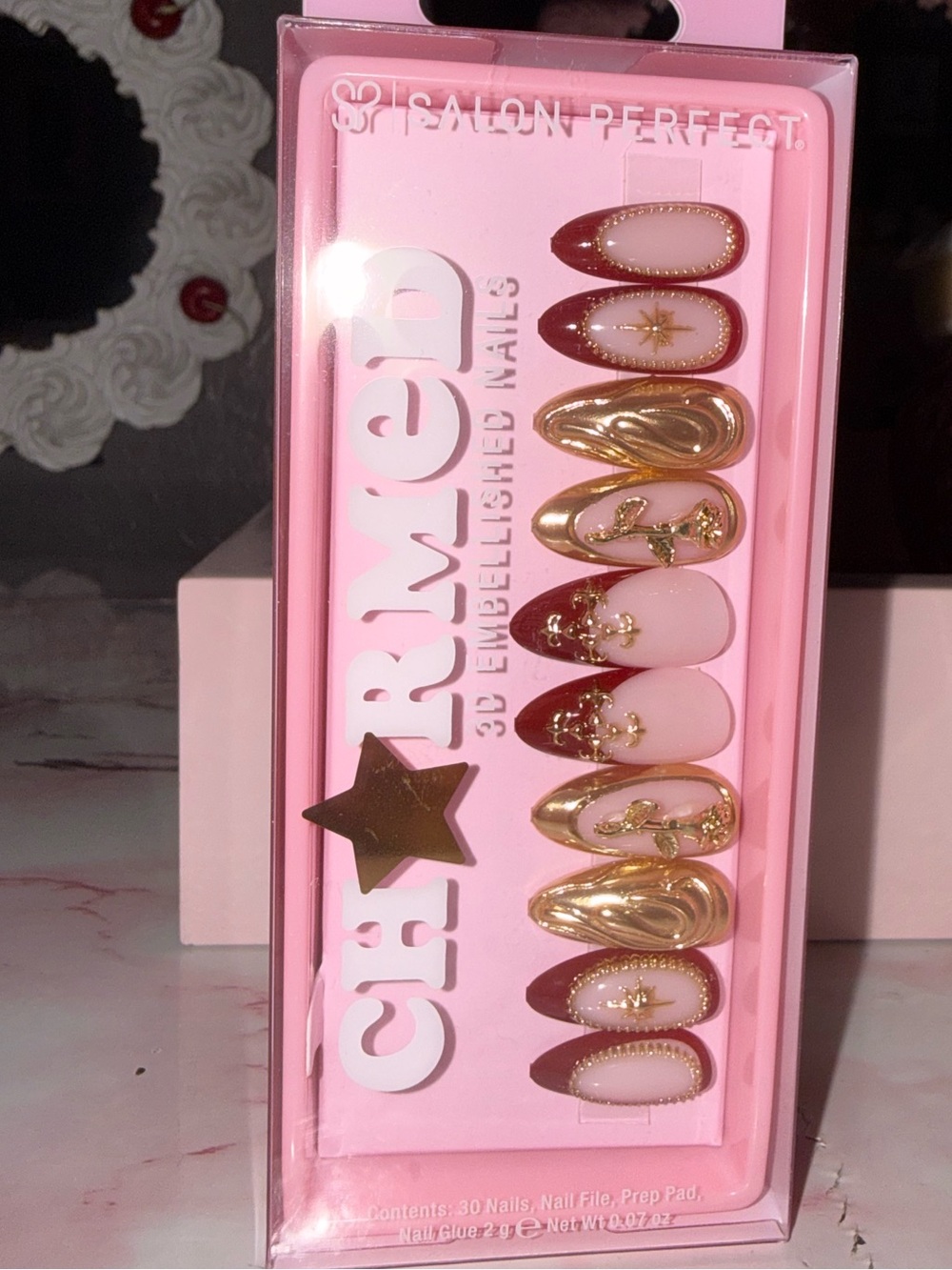 Charmed 3D Embellished Press-On Nails in Pink, Burgundy & Gold - Picture 4 of 8